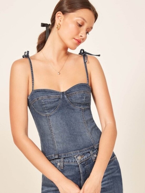 Reformation Tops - Reformation Chiara Denim Bustier Corset Tie Shoulder Top Size 2